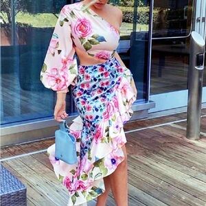 Two piece silken floral set in bright pink with blue accents